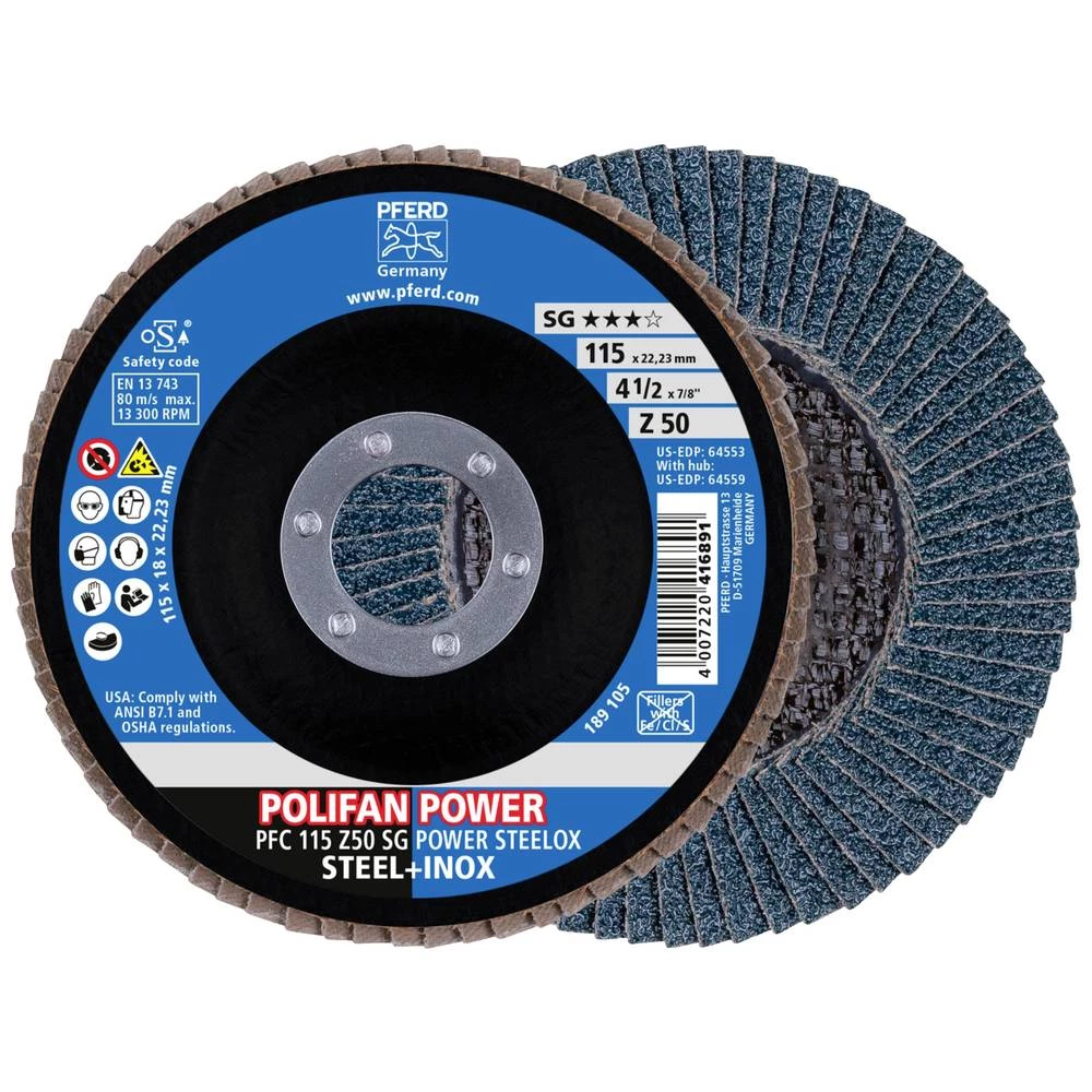 <br>  PFERD<br>  67785116<br>  PFC 115 Z50 SG POWER STEELOX<br>  lamelna brusna ploča<br>  promjer 115 mm<br>  Promjer bušotine 22.23 mm<br>  <br>  10 St.<br> slika