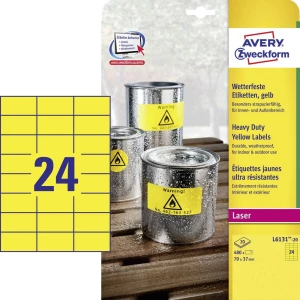 Avery-Zweckform L6131-20 Etikete 70 x 37 mm Poliester film Žuta 480 ST Trajno Univerzalne naljepnice, Naljepnice otporne na vrem slika