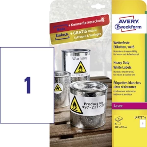 Avery-Zweckform L4775-8 Etikete 210 x 297 mm Poliester film Bijela 8 ST Trajno Univerzalne naljepnice, Naljepnice otporne na vre slika