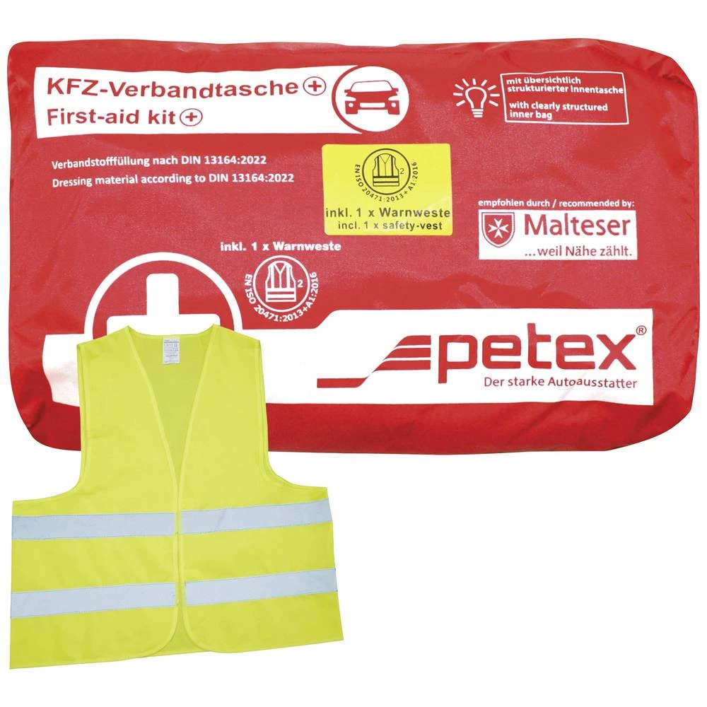 Petex 43939712 Plus rot DIN 13164:2022 inkl. Warnweste gelb EN 20471 torba za prvu pomoć uklj. sigurnosni prsluk automob slika