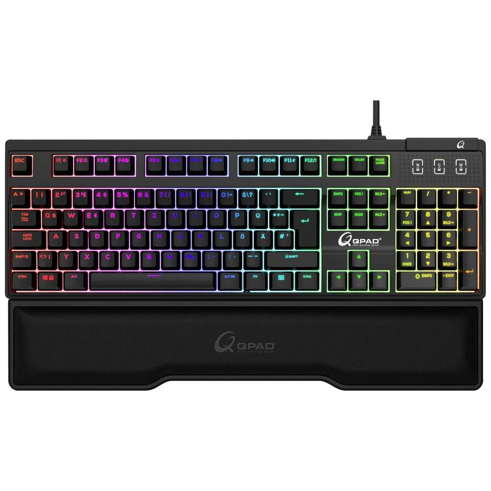 QPAD MK75-DE žičani igraća tipkovnica osvjetljen, prekidač: smeđi, oslonac za ruku njemačka, qwertz crna, RGB slika