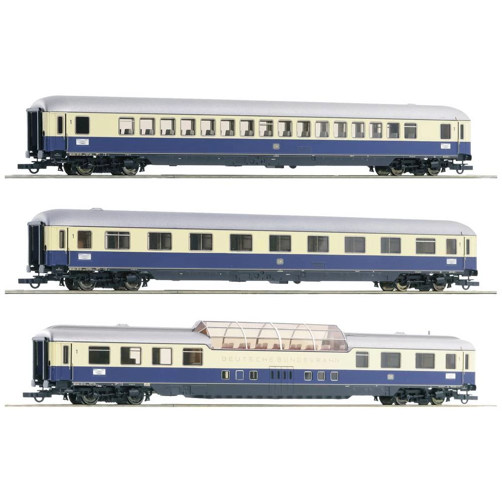 Roco 74048 H0 set od 3 osobna automobila F21 Rheinpfeil DB 1. klasa velikog područja tipa Ap4üm, 1. klasa kupe tipa Av4üm, promatračka kola tip AD4üm slika