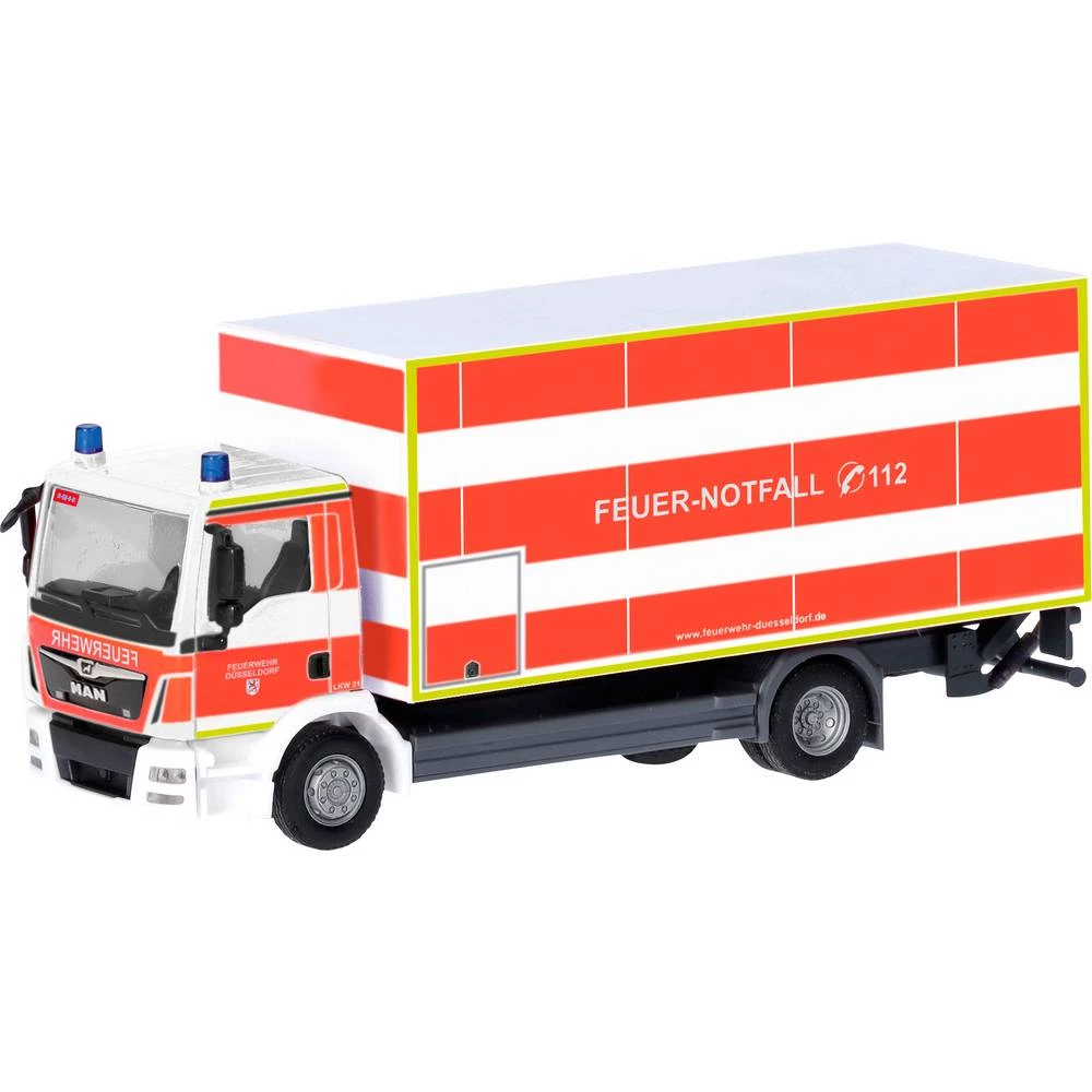 Herpa 098076 h0 model hitnog vozila MAN TGM kamion s dizalicom na zadnjoj platformi "Vatrogasna postrojba Düsseldorf" slika