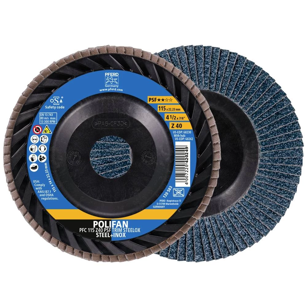 <br>  PFERD<br>  67771114<br>  PFC 115 Z 40 PSF TRIM STEELOX<br>  lamelna brusna ploča<br>  promjer 115 mm<br>  Promjer bušotine 22.23 mm<br>  <br>  10 St.<br> slika