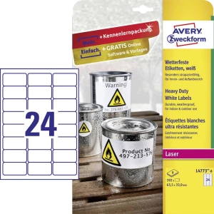 Avery-Zweckform L4773-8 Etikete 63.5 x 33.9 mm Poliester film Bijela 192 ST Trajno Univerzalne naljepnice, Naljepnice otporne na slika