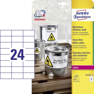 Avery-Zweckform L4718-20 Etikete 70 x 37 mm Poliester film Bijela 480 ST Trajno Univerzalne naljepnice, Naljepnice otporne na vr slika