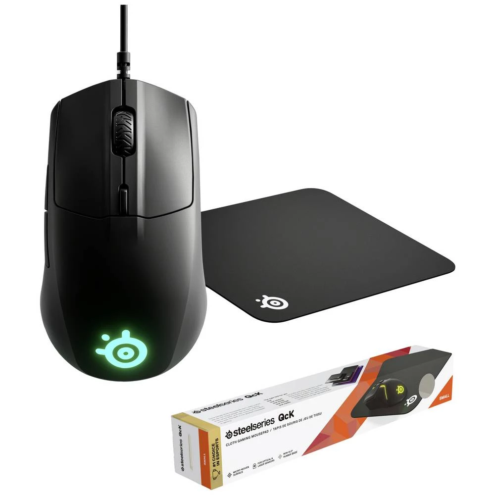 Steelseries Rival 3, Qck Small Bundle igraći miš žičani optički crna 6 Tipke 8500 dpi osvjetljen, ergonomski slika