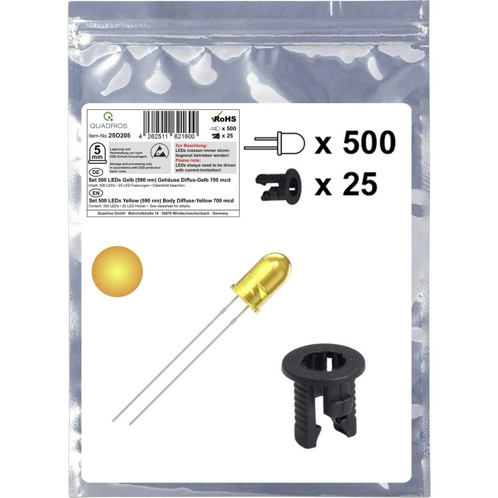 Quadrios 25O205 LED komplet žuta okrugli 5 mm 700 mcd 20 mA 2.0 V slika