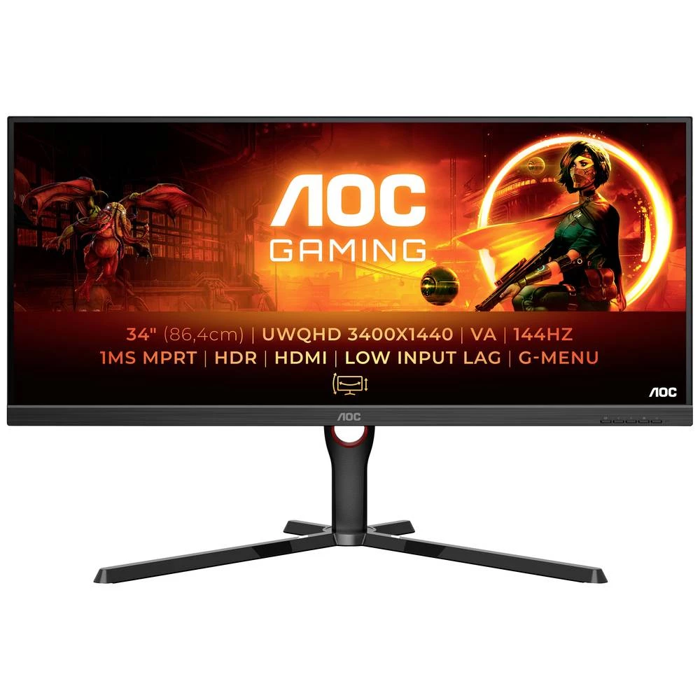 AOC U34G3XM/EU ekran za igranje Energetska učinkovitost 2021 G (A - G) 86.4 cm (34 palac) 3440 x 1440 piksel 21:9 1 ms HDMI™, DisplayPort, slušalice (3.5 mm jack) VA LCD slika
