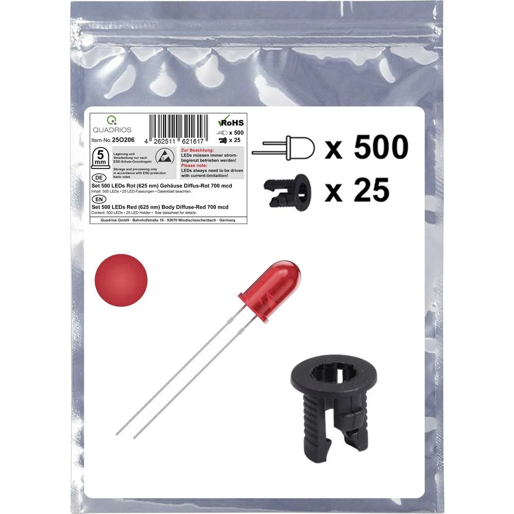 Quadrios 25O206 LED komplet crvena okrugli 5 mm 700 mcd 20 mA 2.0 V slika