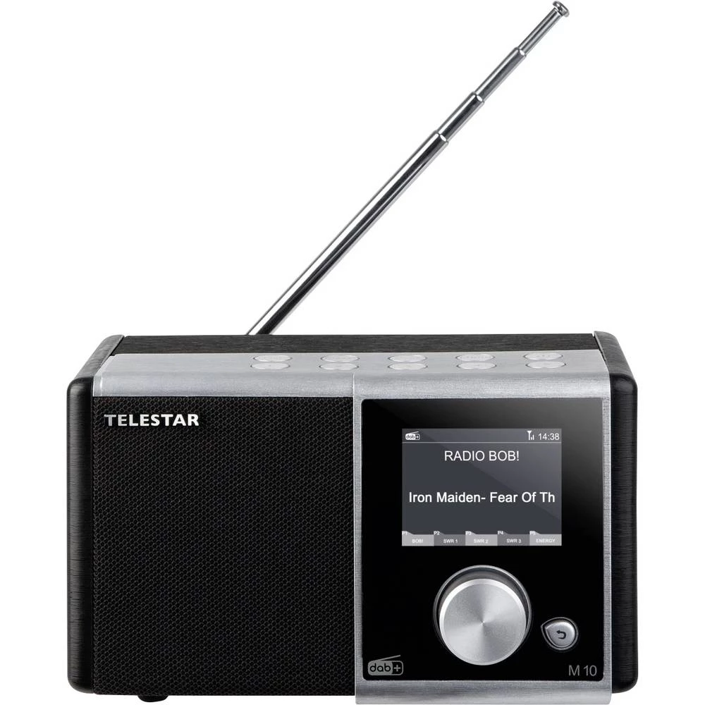 Telestar    DIRA M 10    desktop radio    DAB+ (1012), ukw    aux, DAB+, ukw, USB        funkcija punjenja baterije, uklj. daljinski upravljač, funkcija alarma    crna slika