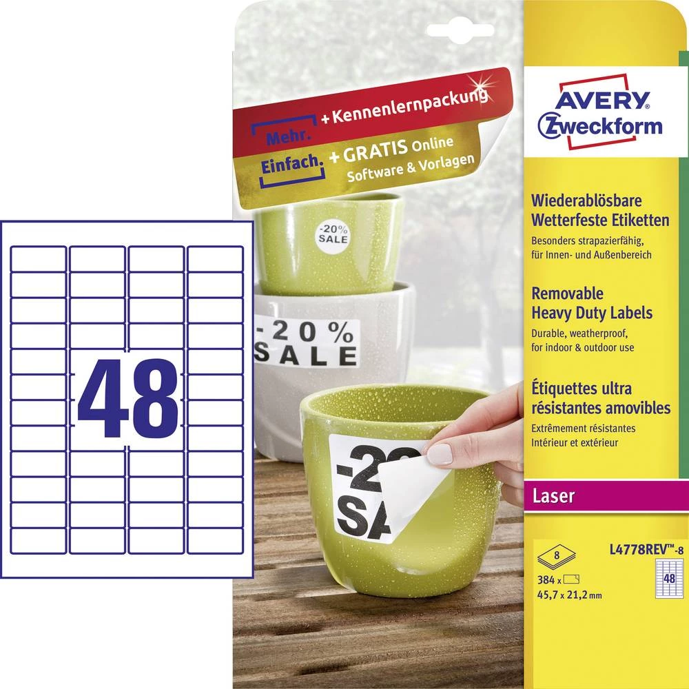 Avery-Zweckform L4778REV-8 Etikete 45.7 x 21.2 mm Poliester film Bijela 384 ST Ponovno ljepljenje Naljepnice za adrese, Naljepni slika