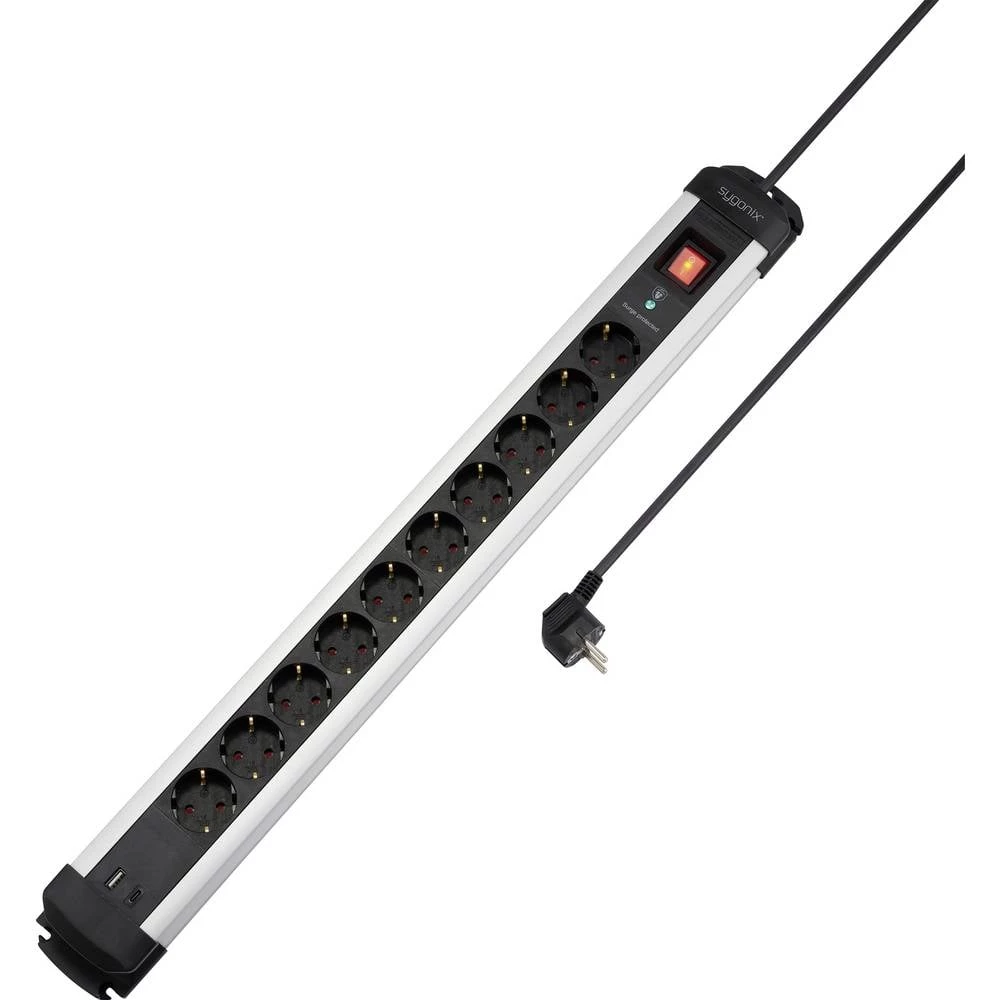 Sygonix SY-6807136 razdjelna letva sa zaštitom od prenapona 10-struki crna, srebrna utičnica 1 kom. slika