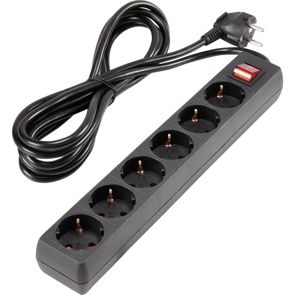 Razdjelna letva s prekidačem 6-struki Crna Utičnica Duljina kabela: 2.80 m Basetech 1593798 slika