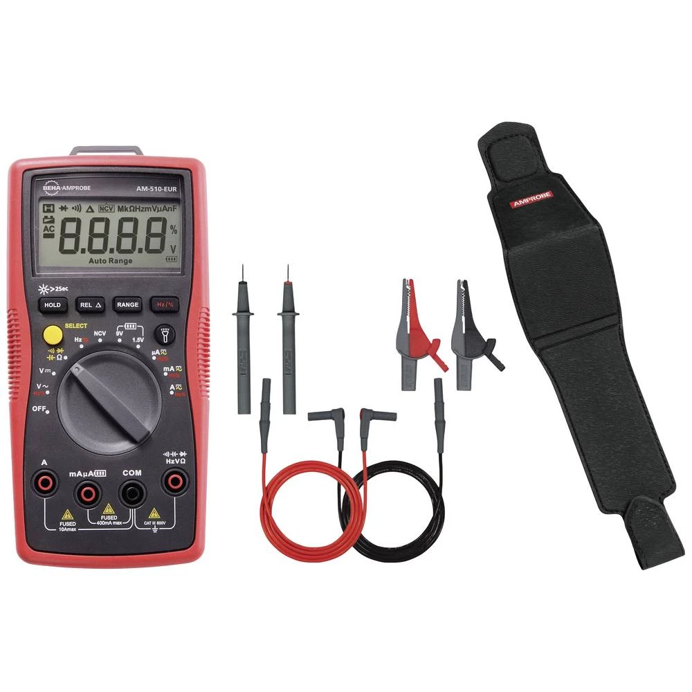 AM-510-KIT se sastoji od AM-510-EUR digitalnog multimetra s ispitnim vodovima, 370003 sigurnosnog kompleta ispitnih vodova crveno/crno i HS-1 trosmjernog magnetskog držača Beha Amprobe Fluke  slika