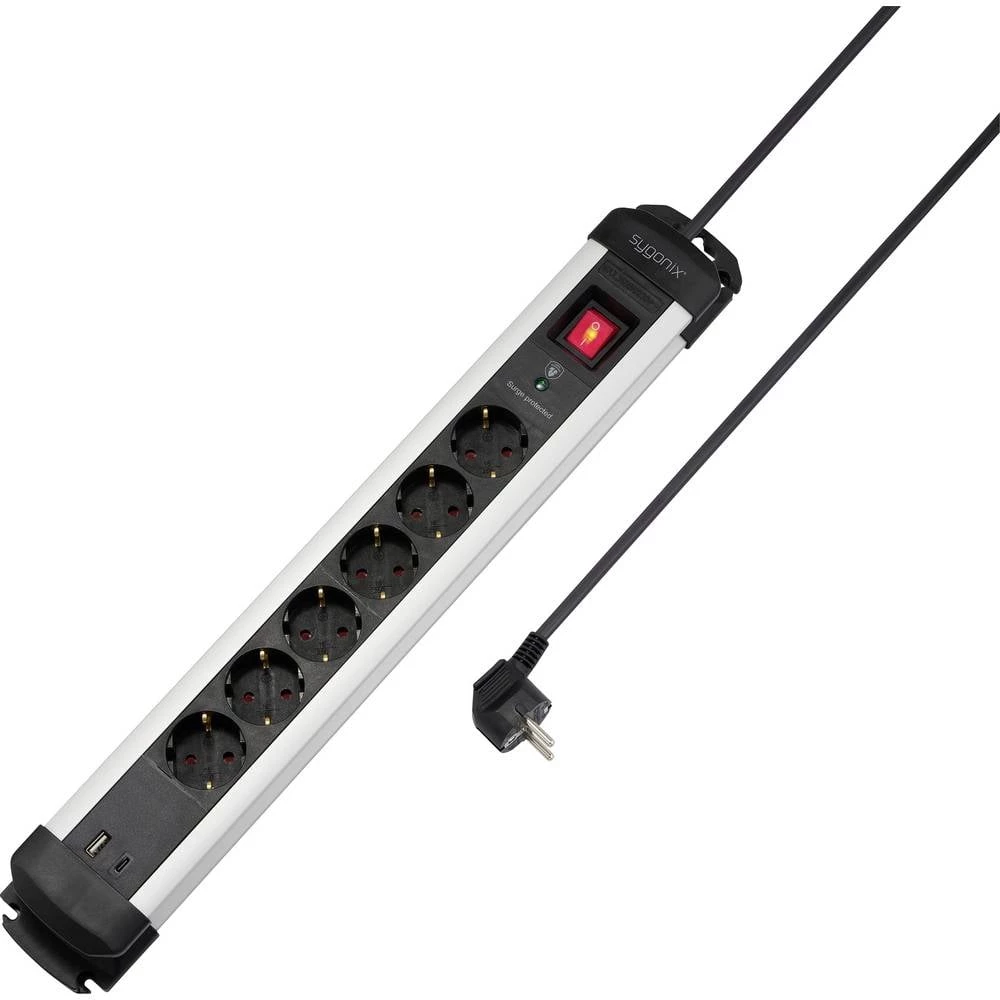 Sygonix SY-6807132 razdjelna letva sa zaštitom od prenapona 6-struki crna, srebrna utičnica 1 kom. slika