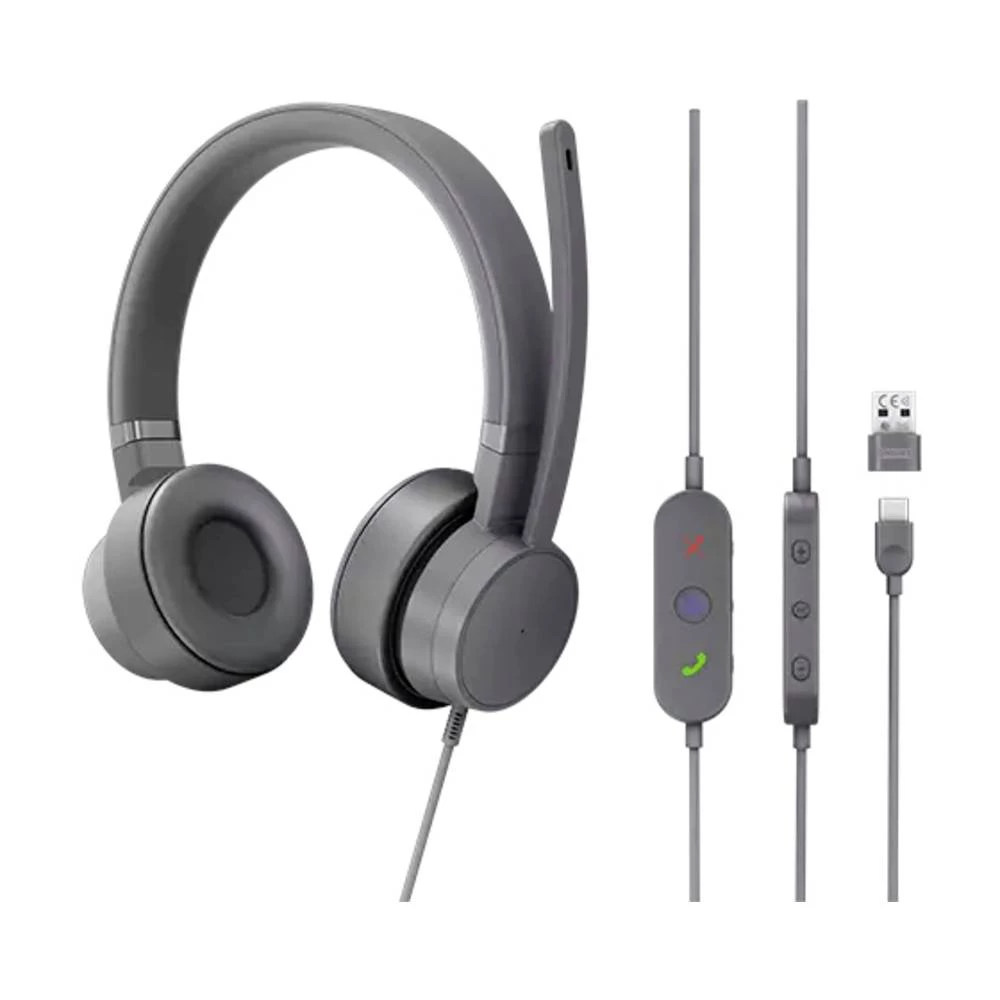 Lenovo GXD1C99243 On Ear Headset žičani stereo siva poništavanje buke, smanjivanje šuma mikrofona kontrola glasnoće, utišavanje mikrofona slika