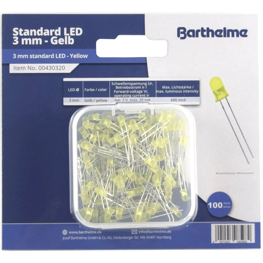 Barthelme LED komplet Žuta Okrugli 3 mm 600 mcd 30 ° 20 mA 2 V slika