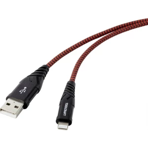 TOOLCRAFT USB kabel USB 2.0 USB-A utikač, Apple Lightning utikač 1.00 m crno-crvena izuzetno robusni opleteni štit slika