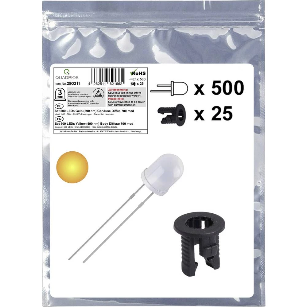Quadrios 25O211 LED komplet žuta okrugli 3 mm 700 mcd 20 mA 2.0 V slika