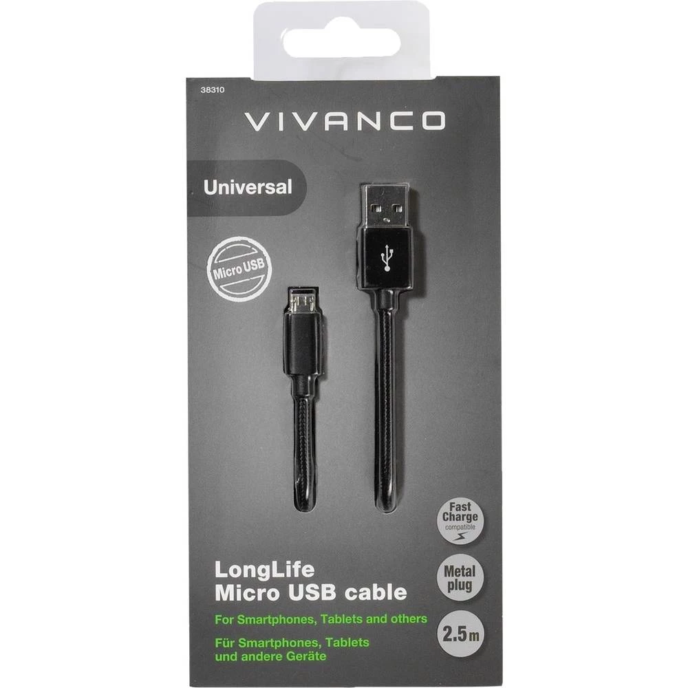 Vivanco USB 2.0 Priključni kabel [1x Muški konektor USB 2.0 tipa A - 1x Muški konektor USB 2.0 tipa Micro B] 2.5 m Crna slika
