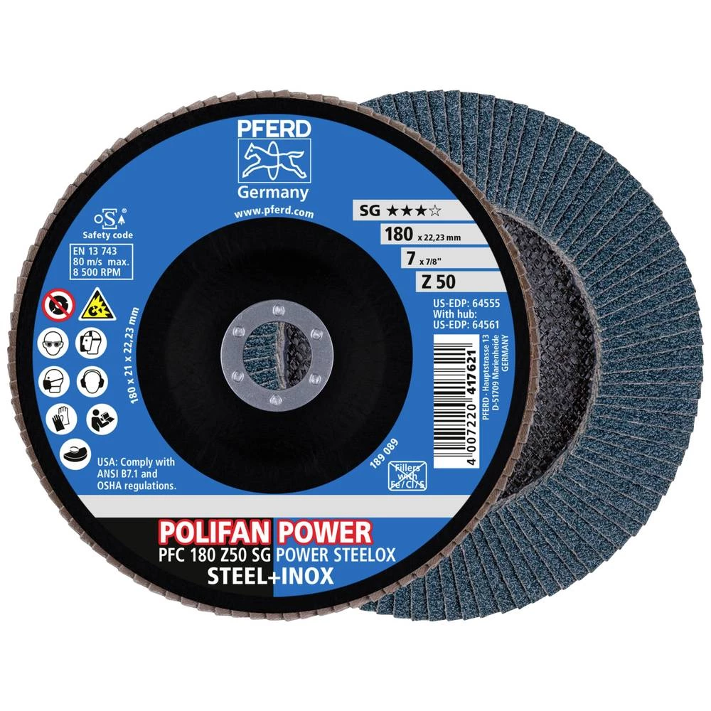 <br>  PFERD<br>  67785186<br>  PFC 180 Z50 SG POWER STEELOX<br>  lamelna brusna ploča<br>  promjer 180 mm<br>  Promjer bušotine 22.23 mm<br>  <br>  10 St.<br> slika