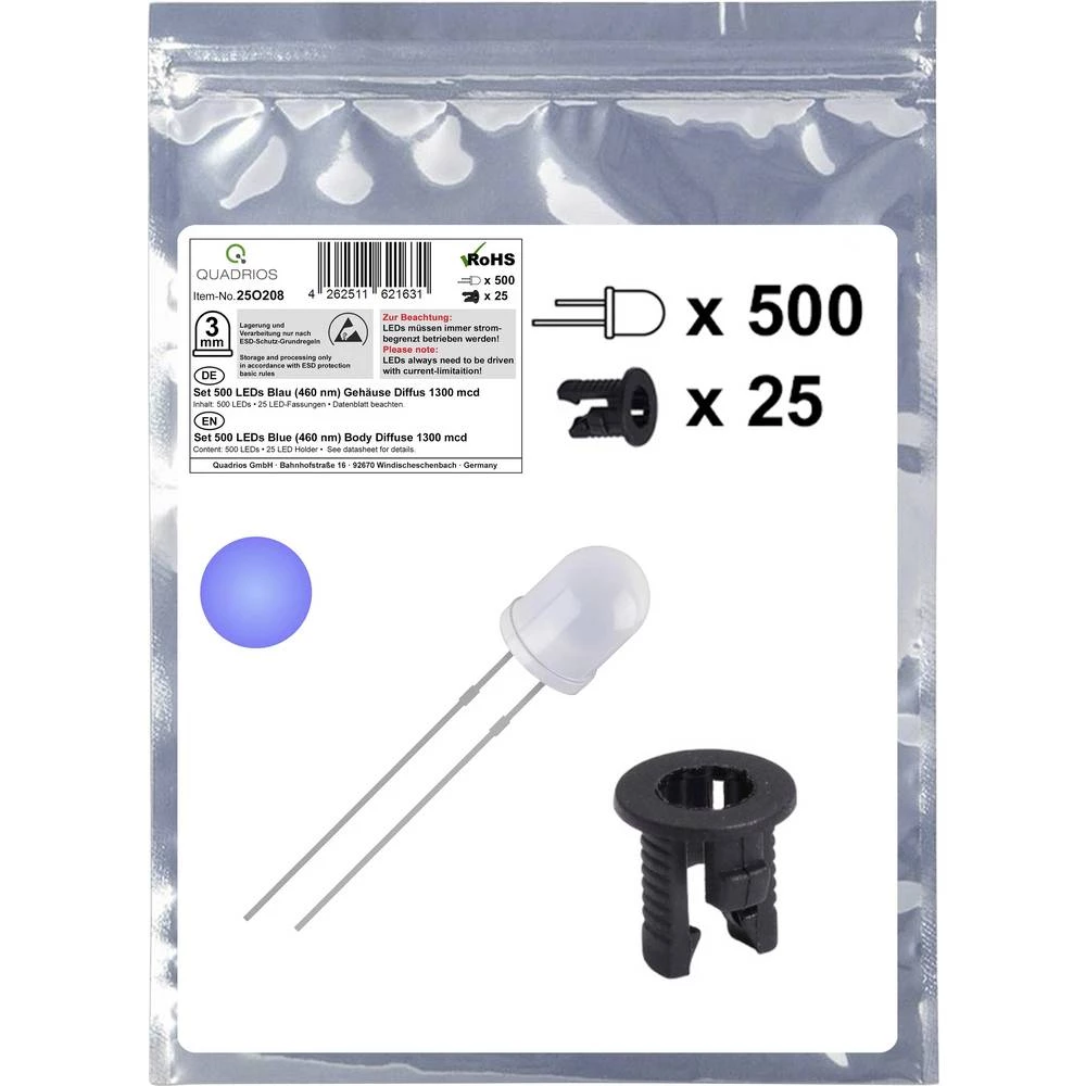 Quadrios 25O208 LED komplet plava boja okrugli 3 mm 1300 mcd 20 mA 3.0 V slika