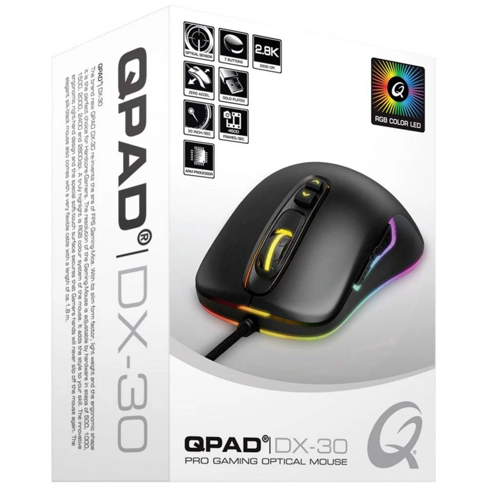 QPAD DX30 žičani igraći miš optički osvjetljen crna, RGB slika