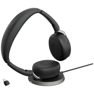 Jabra Evolve2 65 Flex Link380c MS + Ladepad računalo On Ear Headset Bluetooth® stereo crna poništavanje buke slušalice s mikrofonom, utišavanje mikrofona, kontrola glasnoće, indukcija, sklopive slika