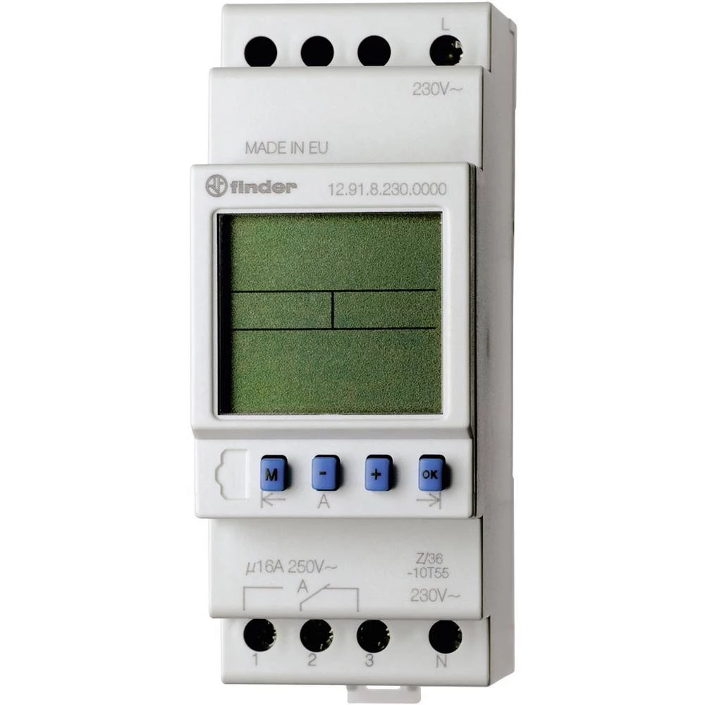 Uklopni sat za profilnu šinu Radni napon (broj): 230 V/AC Finder 12.91.8.230.0000 1 prebacivanje 16 A 250 V/AC Dnevni program slika