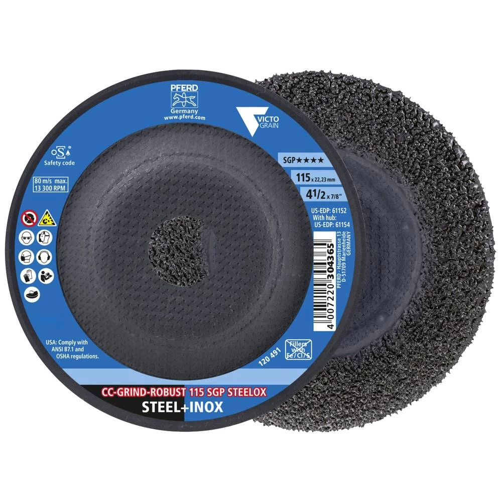 <br>  PFERD<br>  64195116<br>  CC-GRIND-ROBUST 115 SGP STEELOX<br>  brusna ploča<br>  promjer 115 mm<br>  Promjer bušotine 22.23 mm<br>  <br>  10 St.<br> slika