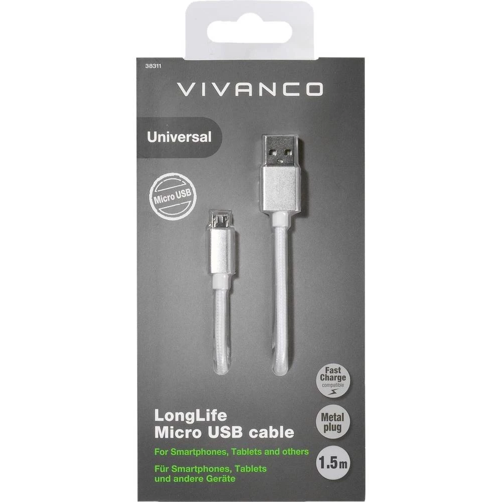 Vivanco USB 2.0 Priključni kabel [1x Muški konektor USB 2.0 tipa A - 1x Muški konektor USB 2.0 tipa Micro B] 1.5 m Bijela slika