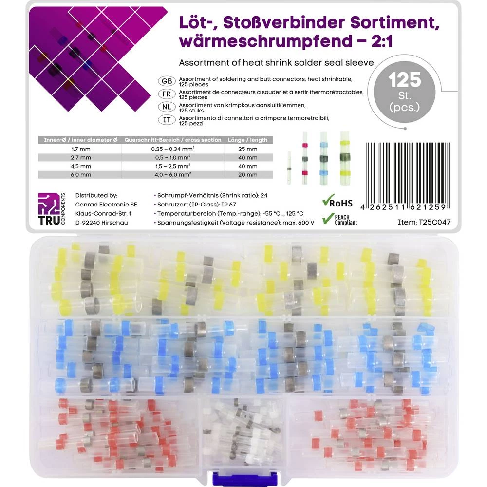 TRU COMPONENTS T25C047 udarni konektor stezne cijevi 0.25 mm² 6.0 mm² potpuno izolirani bijela, crvena, plava boja, žuta slika
