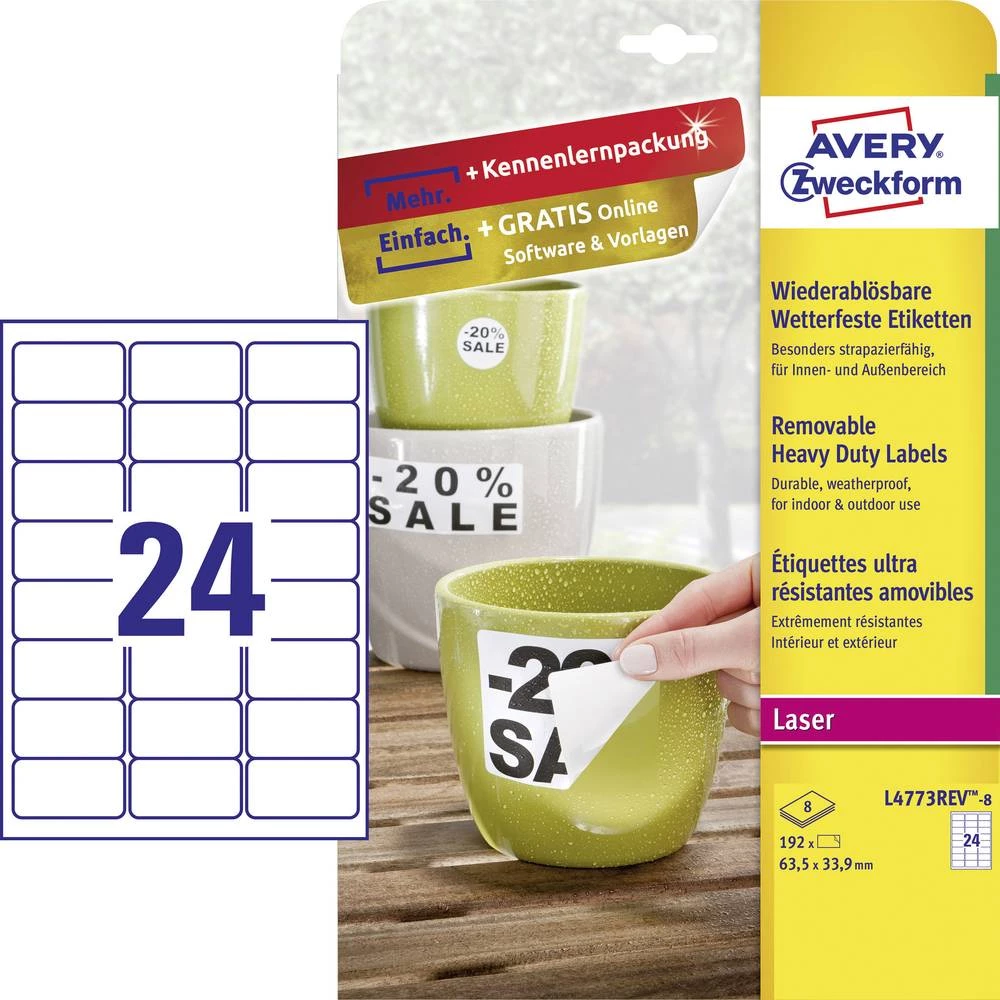 Avery-Zweckform L4773REV-8 Etikete 63.5 x 33.9 mm Poliester film Bijela 192 ST Ponovno ljepljenje Naljepnice za adrese, Naljepni slika