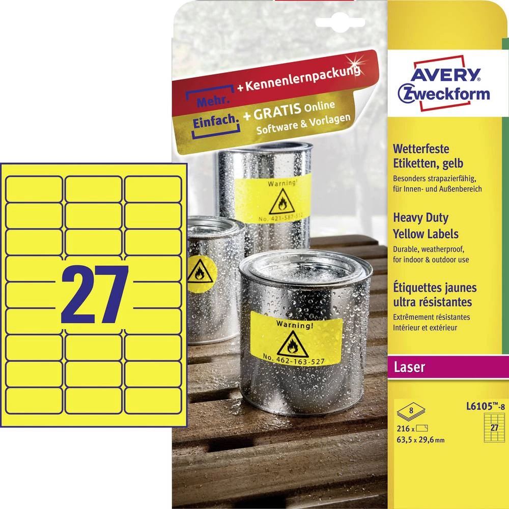 Avery-Zweckform L6105-8 Etikete 63.5 x 29.6 mm Poliester film Žuta 216 ST Trajno Univerzalne naljepnice, Naljepnice otporne na v slika