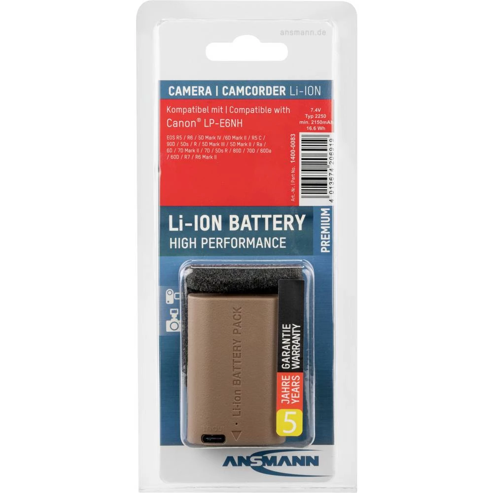 Ansmann ANSMANN Kamera-Akku A-Can LPE6 NH kamera-akumulator Zamjenjuje originalnu akU. bateriju LP-E6 7.4 V 2250 mAh slika