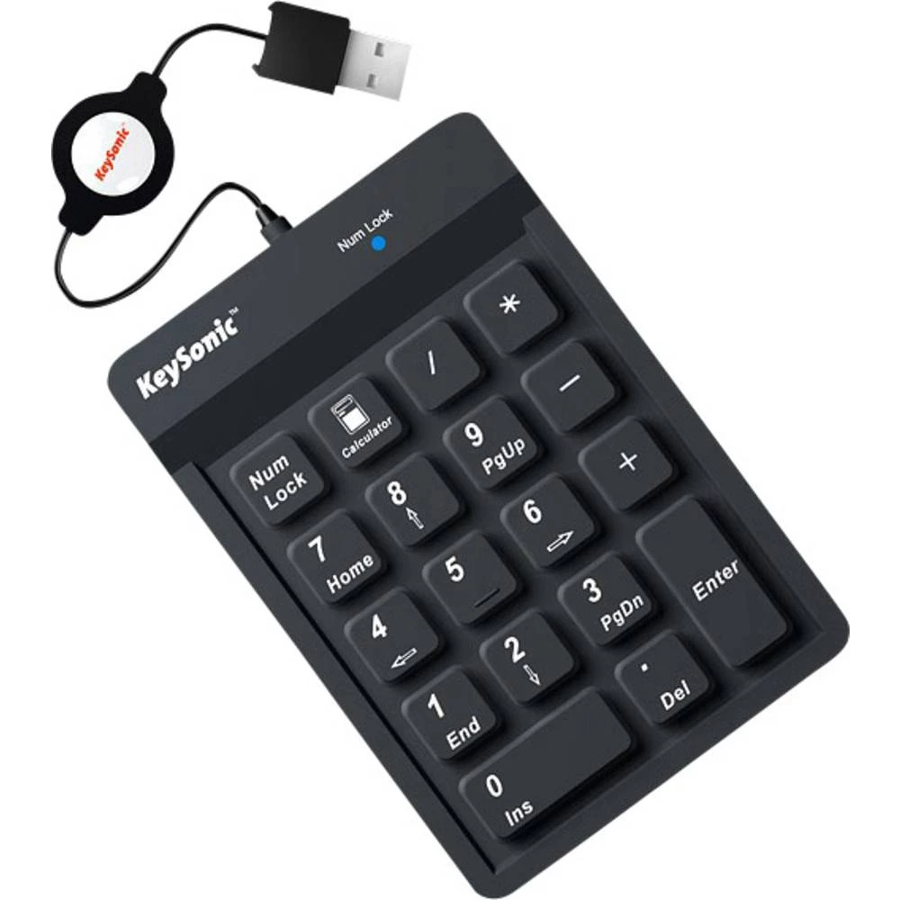 USB numerička tipkovnica Keysonic ACK-118BK Fleksibilan, Uvlačenje kabla, Zaštita od prašine, Zaštita od prskanja Crna slika