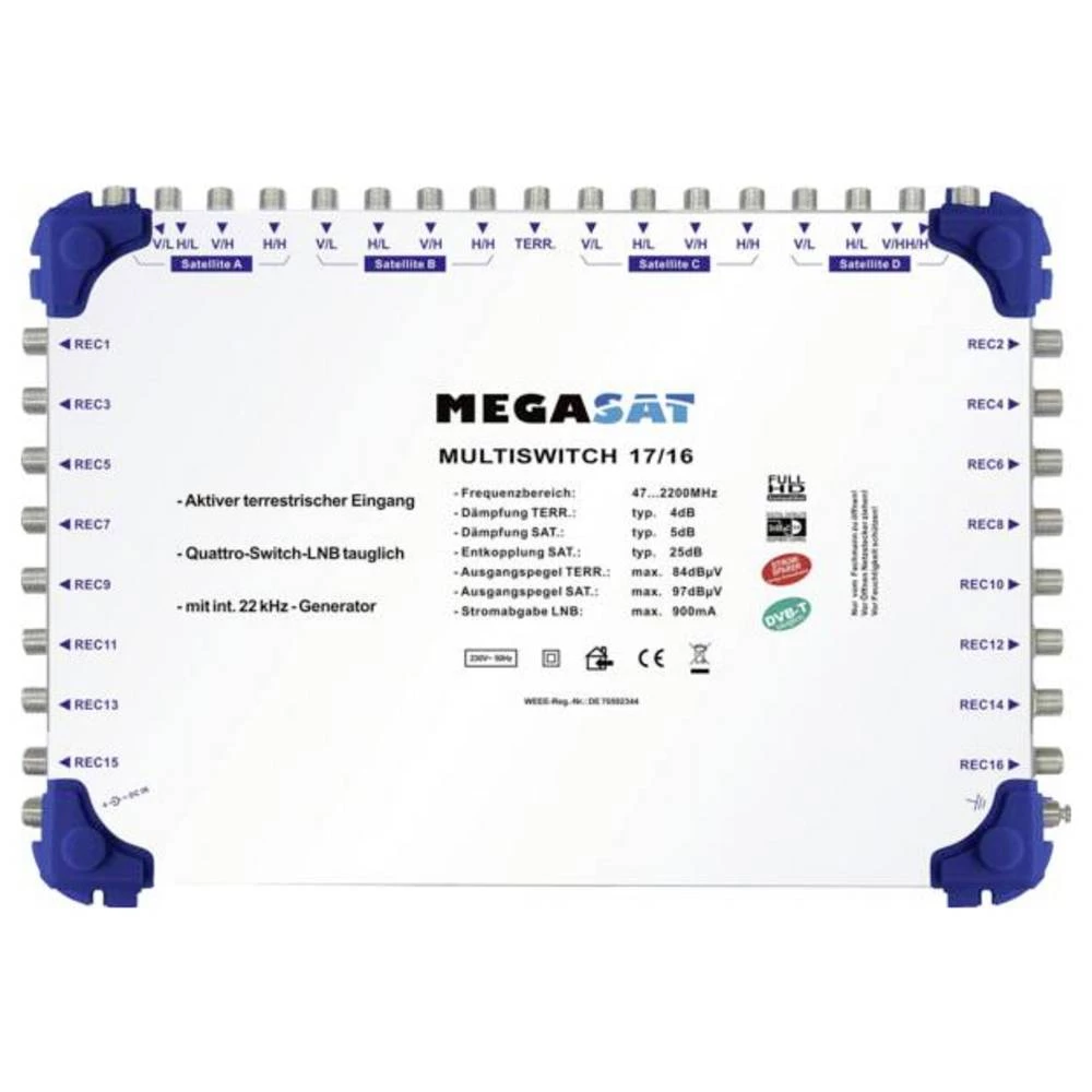 MegaSat 0600155 satelitski multiprekidač Ulazi (višestruki prekidač): 17 (16 sat/1 zemaljske) Broj sudionika: 16 slika