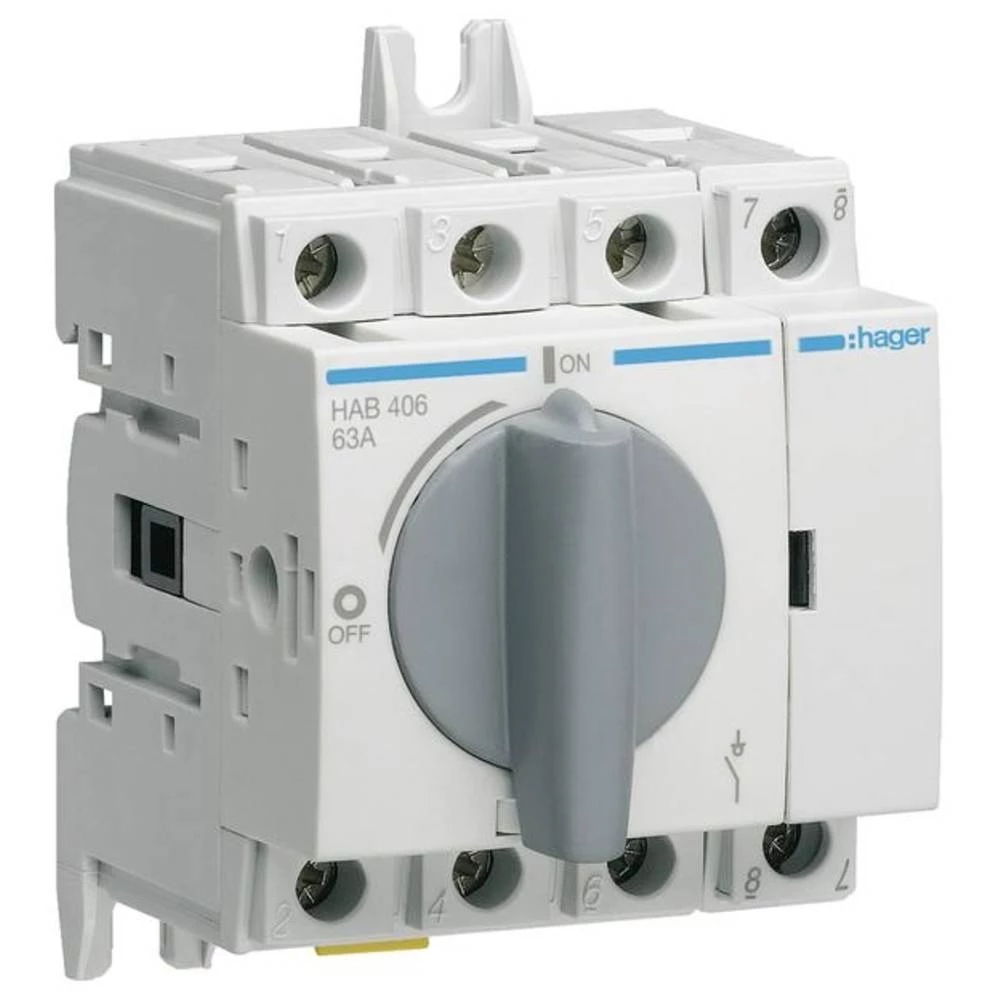 Hager HAB406 prekidač opterećenja 4-polni 63A za gornju šinu ili montažnu ploču Hager HAB406 HAB406 teretna rastavna sklopka    4-polni 63 A  415 V slika