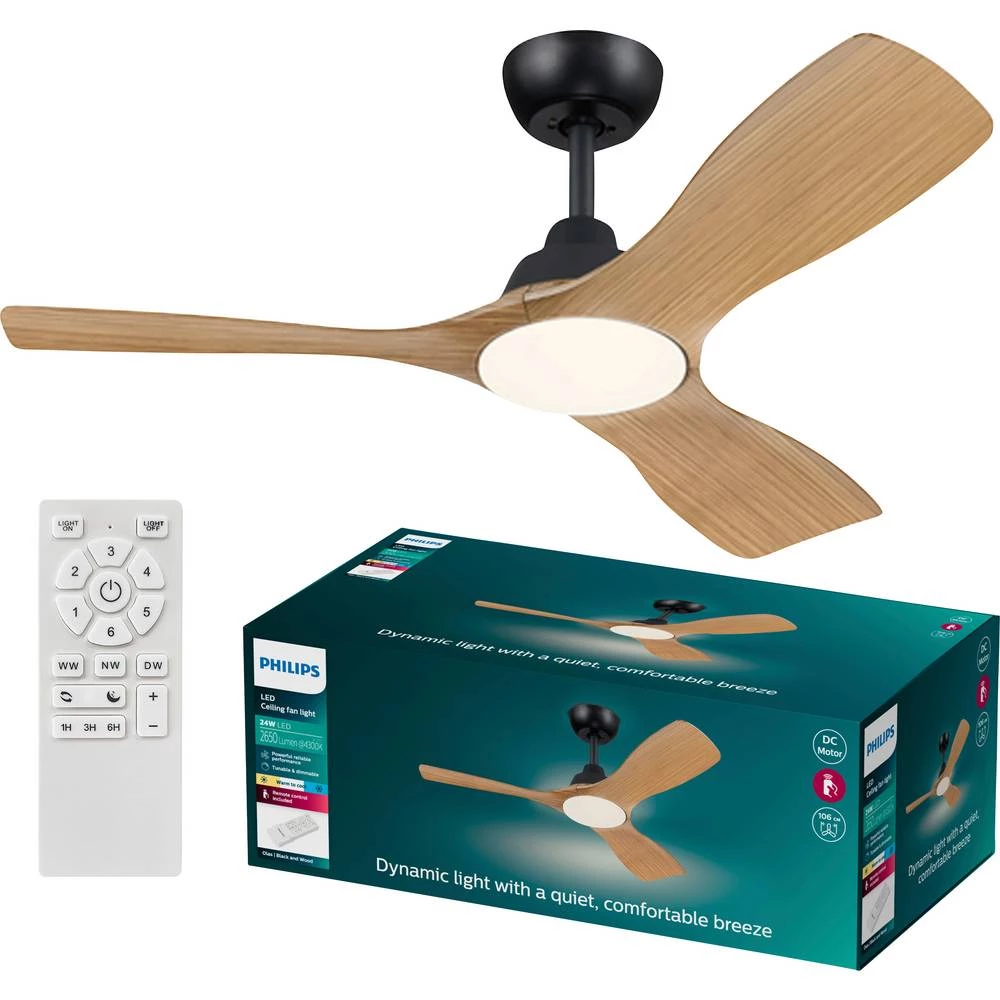 Philips LED Olas stropni ventilator 30 W (Ø x V) 1070 mm x 310 mm crna sa daljinskim upravljačem, mogućnost prigušivanja slika