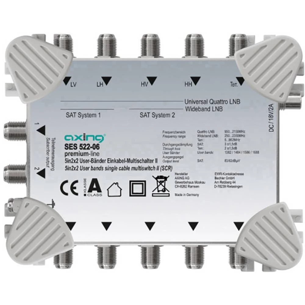 Satelitski multiprekidač Unicable Axing SES 522-06 Ulazi: 5 (4 Sat/1 zemaljske) Broj sudionika: 2 slika