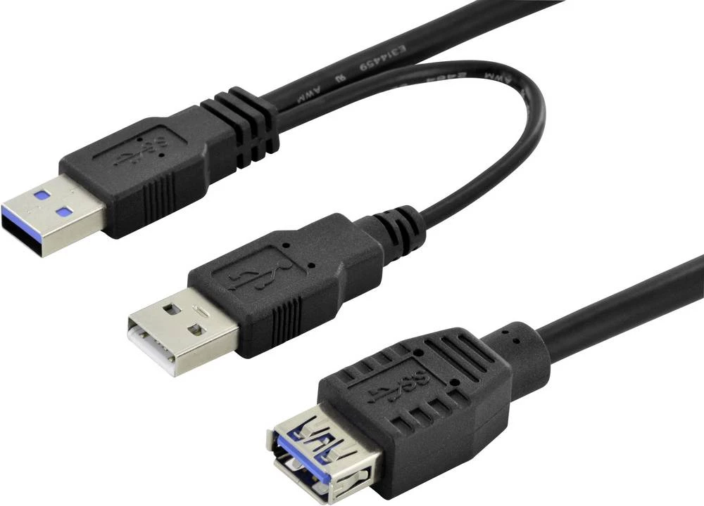 Digitus USB 3.0 Y-kabel [1x Ženski konektor USB 3.0 tipa A - 2x Muški konektor USB 3.0 tipa A] 0.3 m Crna Okrugli, dvostruko zaš slika