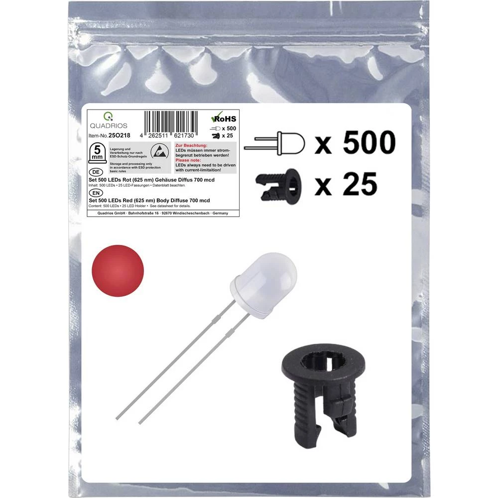 Quadrios 25O218 LED komplet crvena okrugli 5 mm 700 mcd 20 mA 2.0 V slika