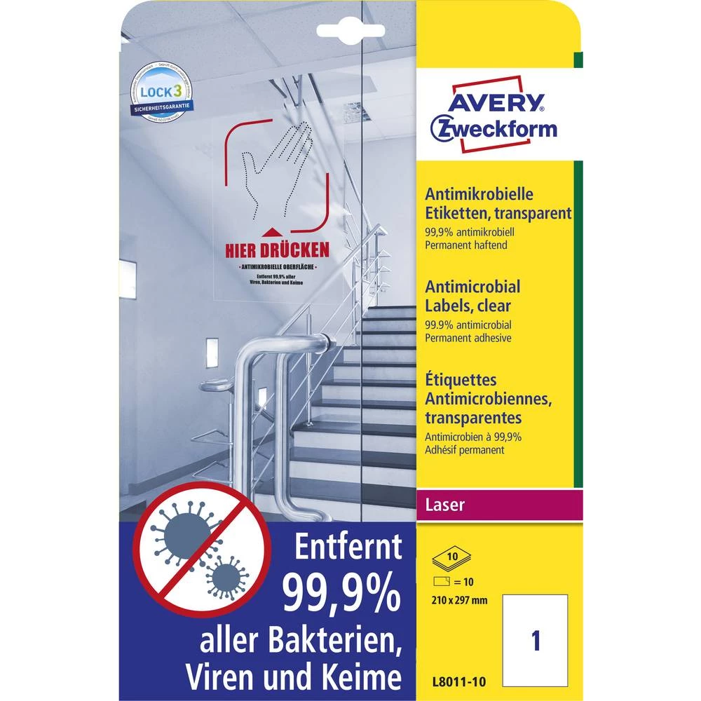 Avery-Zweckform L8011-10 antimikrobne oznake 210 x 297 mm poliester film prozirna 10 St. trajno 10 Blatt slika