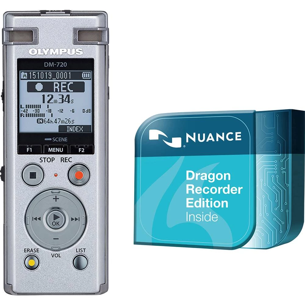 Digitalni diktafon Olympus DM-720 + Dragon Recorder Edition Vrijeme snimanja (maks.) 985 h Srebrna Uklj. softver za prepoznavanj slika