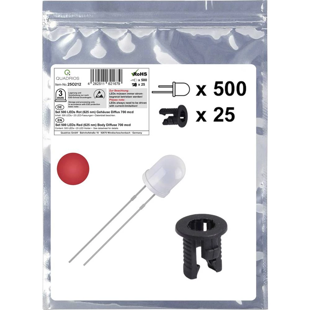 Quadrios 25O212 LED komplet crvena okrugli 3 mm 700 mcd 20 mA 2.0 V slika