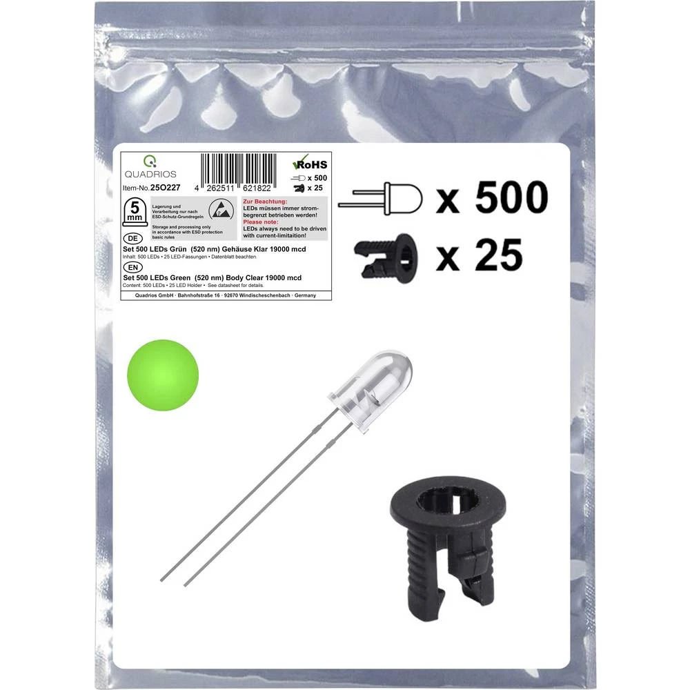 Quadrios 25O227 LED komplet zelena okrugli 5 mm 19000 mcd 20 mA 3.0 V slika