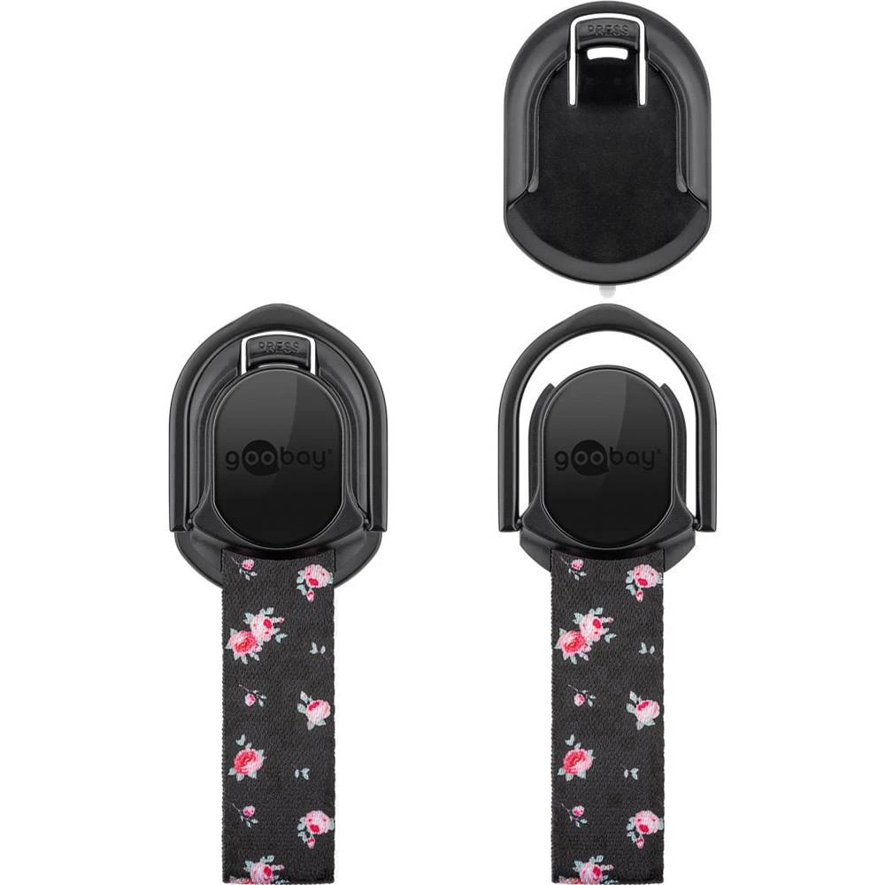 Goobay Finger Strap (schwarz/Blumen) Stalak za mobitel Crna, Cvije?e boja slika