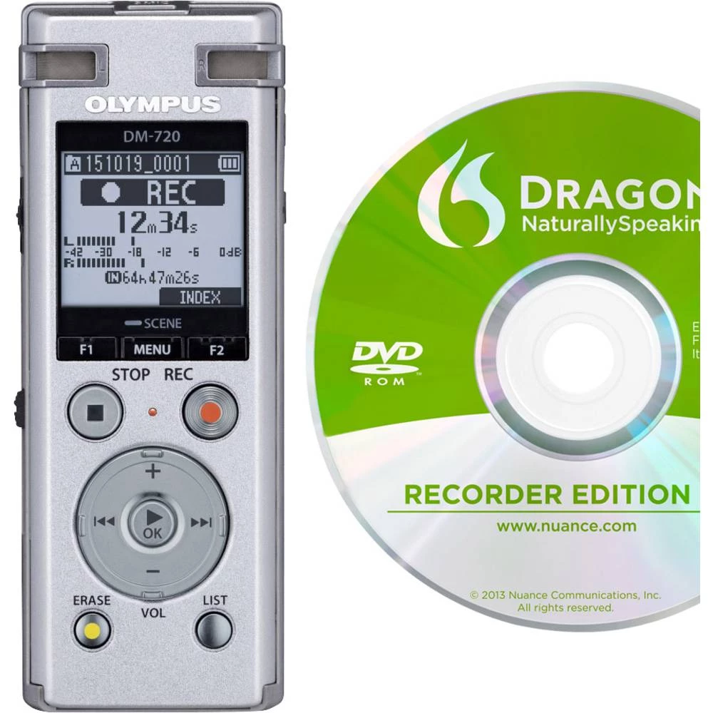 Digitalni diktafon Olympus DM-720 + Dragon Naturally Speaking 12 Vrijeme snimanja (maks.) 985 h Srebrna Uklj. softver za prepozn slika
