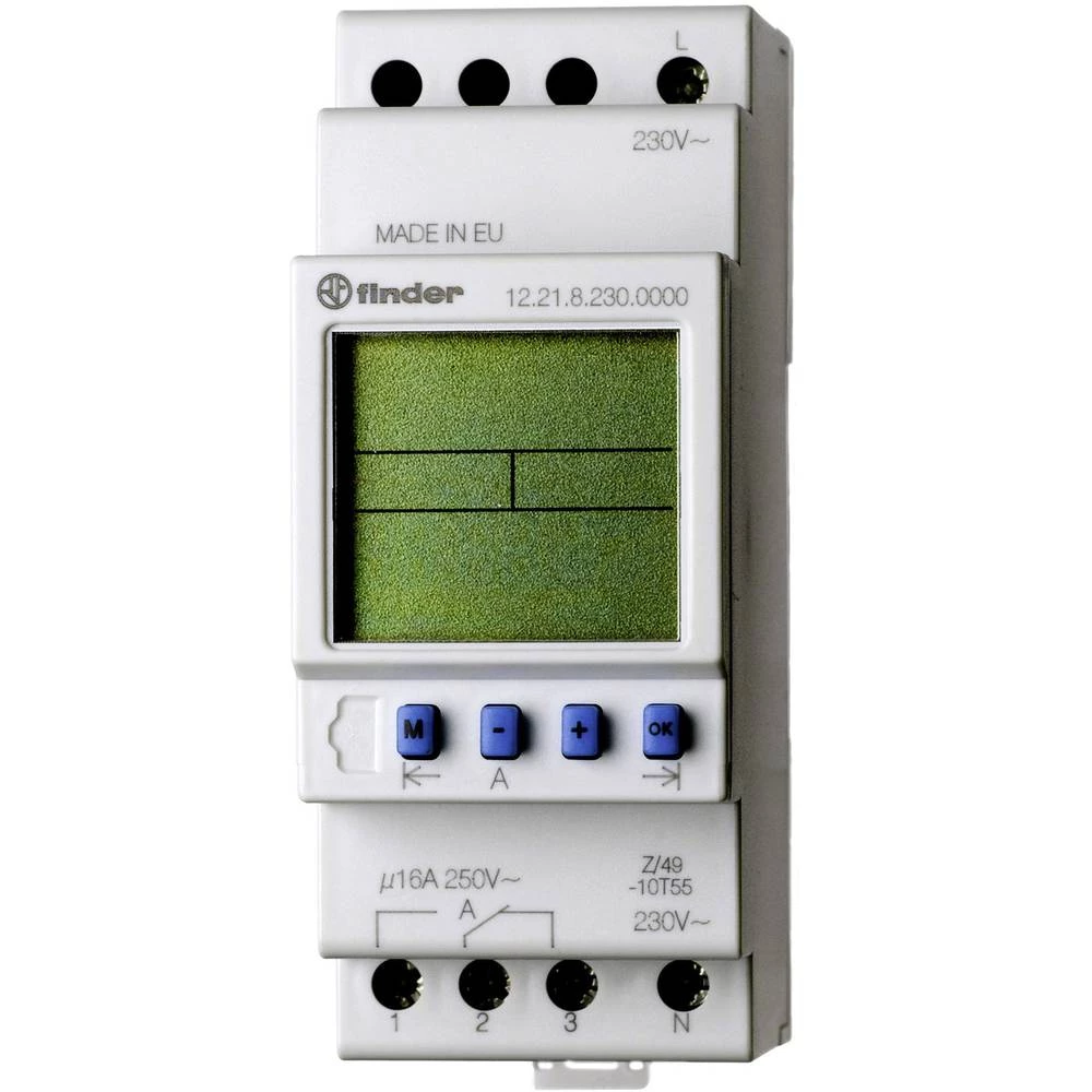 Uklopni sat za profilnu šinu Radni napon (broj): 230 V/AC Finder 12.21.8.230.0000 1 prebacivanje 16 A 250 V/AC Tjedni program slika